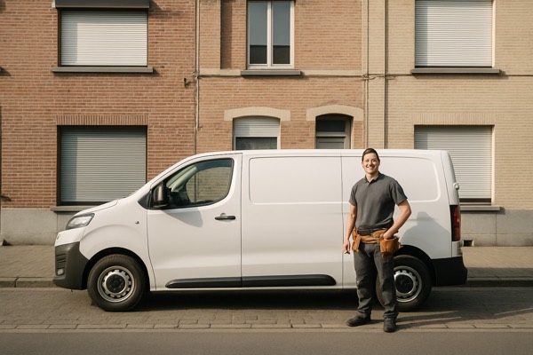 Servicewagen in een Belgische straat met rolluiken — Rolluik Louis